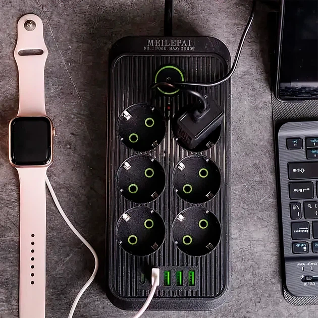 Мережевий фільтр-подовжувач SMART 6 розеток 4 USB-A+1 USB Type-C на 5 метрів чорний - Фото 2 Мережевий фільтр-подовжувач SMART 6 розеток 4 USB-A+1 USB Type-C на 5 метрів чорний - зображення 2