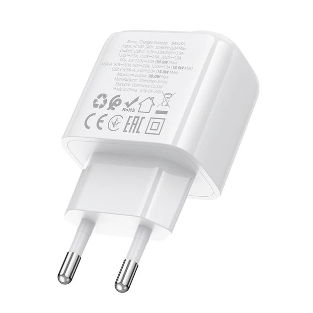 Мережевий зарядний пристрій BOROFONE BAS45A Potential PD30W+QC3.0 charger(EU) White - Фото 6 Мережевий зарядний пристрій BOROFONE BAS45A Potential PD30W+QC3.0 charger(EU) White - зображення 6