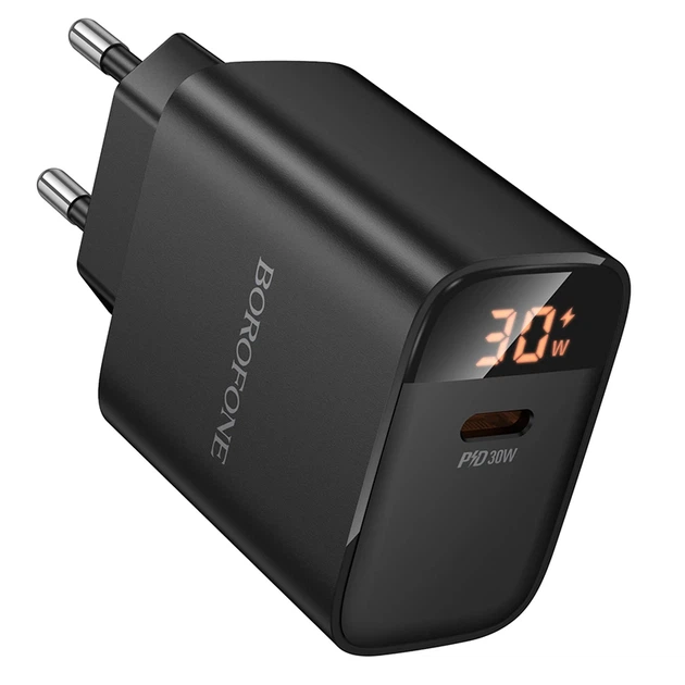 Мережевий зарядний пристрій BOROFONE BA97A Ilustre single-port PD30W charger with digital display (EU) Black - зображення 3