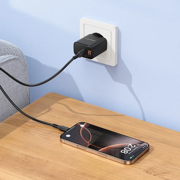 Мережевий зарядний пристрій BOROFONE BA97A Ilustre single-port PD30W charger with digital display (EU) Black - зображення 8