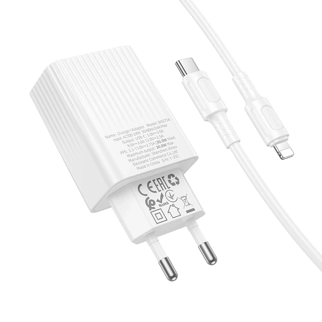 Мережевий зарядний пристрійз кабелем BOROFONE BAS75A Source single port PD30W charger set (C to iP) (EU) White - зображення 4