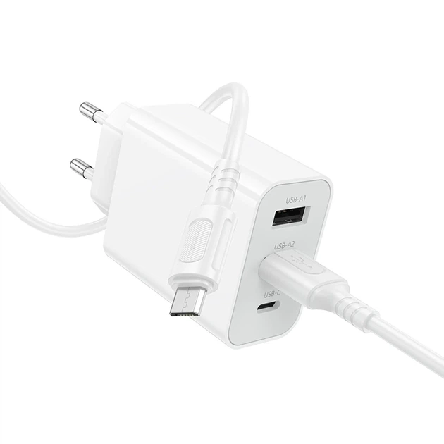 Мережевий зарядний пристрій з кабелем BOROFONE BA105A Stellar three-port charger set (Micro) (EU) White - зображення 4
