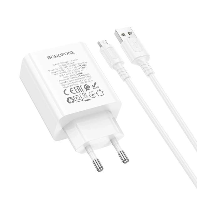 Мережевий зарядний пристрій з кабелем BOROFONE BA105A Stellar three-port charger set (Micro) (EU) White - зображення 6