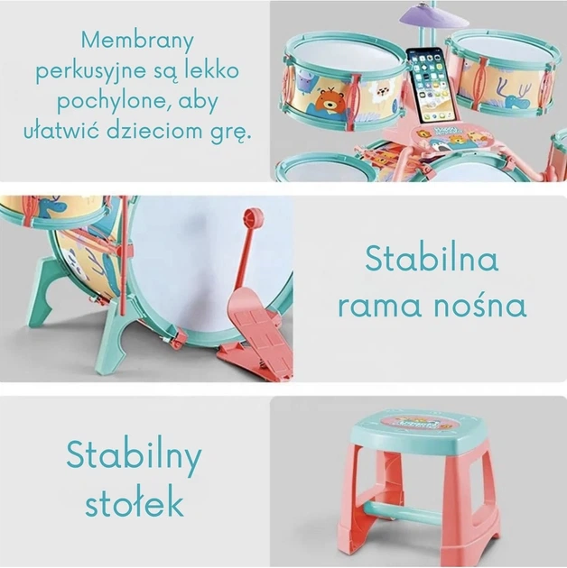 Perkusja edukacyjna dla dzieci Woopie 5 bebnow 1 talerz taboret z motywem zwierzatek (55099) (5906280655099) - obraz 2
