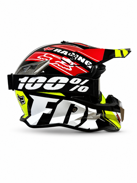 Шолом ендуро FOX Racing розмір XL з окулярами 100%, мотокросовий захисний шолом для ендуро, ATV, квадроцикла, пітбайка та бездоріжжя, чорно-біло-жовто-червоний спортивний дизайн з козирком і вентиляцією - зображення 5