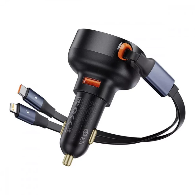 Зарядка для телефонів в авто Baseus Enjoyment Pro Car Charger USB + Retractable C & iP Cable 60W - Фото 7 Зарядка для телефонів в авто Baseus Enjoyment Pro Car Charger USB + Retractable C & iP Cable 60W - зображення 7
