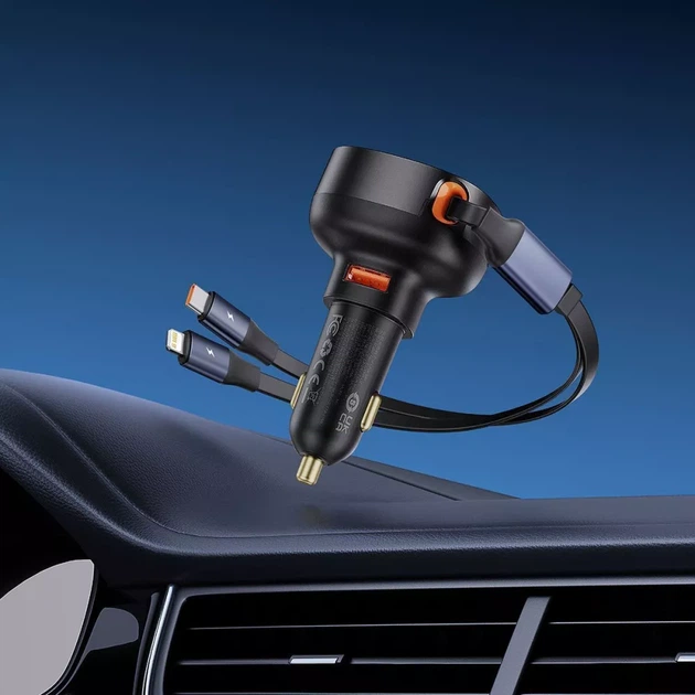 Зарядка для телефонів в авто Baseus Enjoyment Pro Car Charger USB + Retractable C & iP Cable 60W - Фото 8 Зарядка для телефонів в авто Baseus Enjoyment Pro Car Charger USB + Retractable C & iP Cable 60W - зображення 8