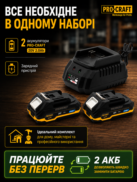 Набор аккумуляторы 2шт и зарядное устройство для электроинструментов 20V 2Ач Li-Ion Turbo Procraft аккумуляторная батарея с индикатором заряда для пилы, секатора, кустореза, шуруповерта, триммера для травы - изображение 4