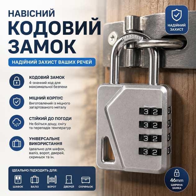 Замок навесной кодовый 46 мм 4-значный код серебристый 3210727 - изображение 2