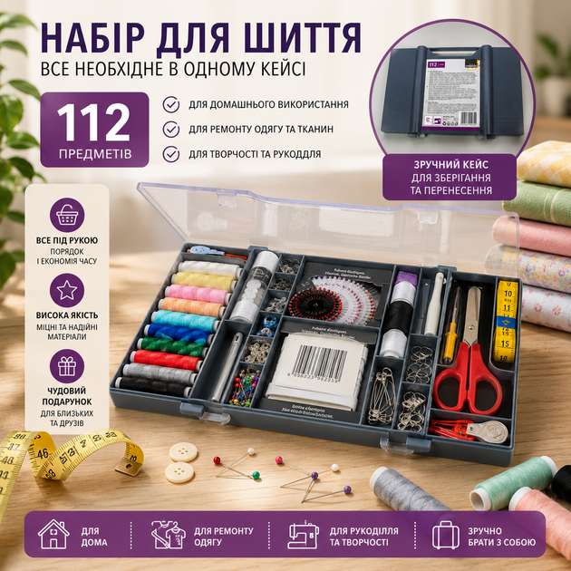 Набір ниток та аксесуарів для шиття 112 елементів Crelando - Фото 2 Набір ниток та аксесуарів для шиття 112 елементів Crelando - зображення 2