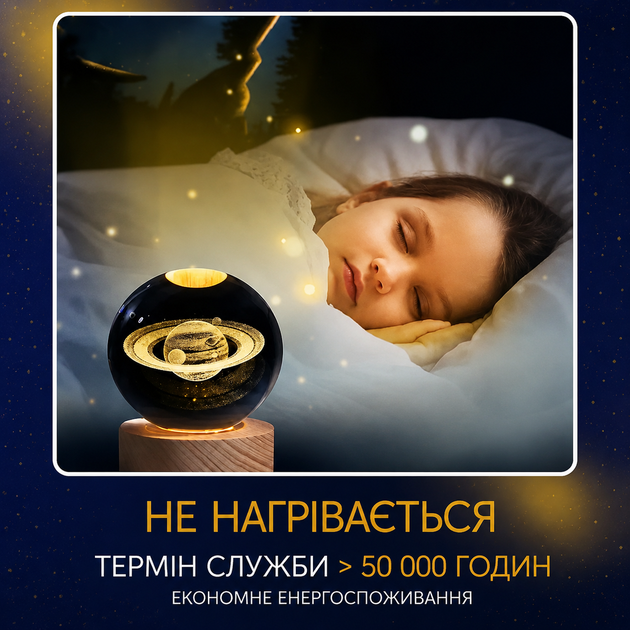 Світлодіодний світильник-нічник на дерев'яній підставці Сатурн 3D з LED-підсвічуванням USB нічник для спальні та дитячої кімнати тепле світло - зображення 5