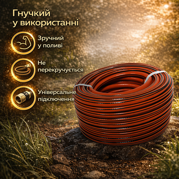 Шланг для полива REBINER SAHARA 5/8" 30 м армированный прочный для сада, огорода и подачи воды оранжево-черный - изображение 3
