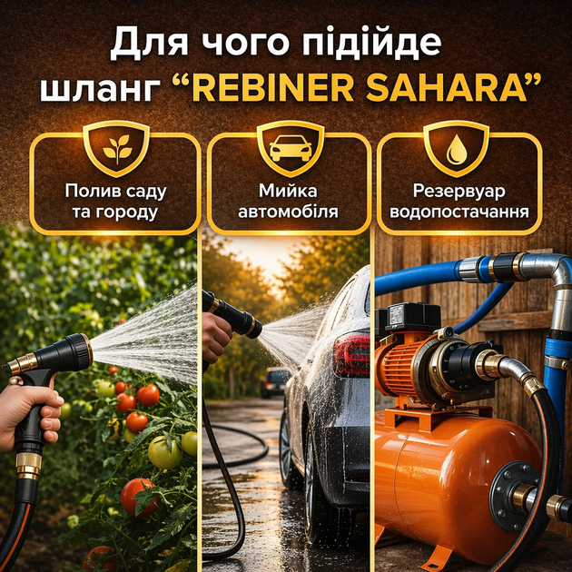 Шланг для полива REBINER SAHARA 5/8" 30 м армированный прочный для сада, огорода и подачи воды оранжево-черный - изображение 6