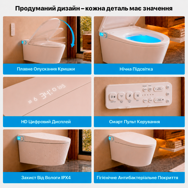 Смарт унитаз биде с сушкой и пультом умные унитазы Smart с LED подсветкой подвесной унитаз с подогревом сиденья Asans 8620 - изображение 6