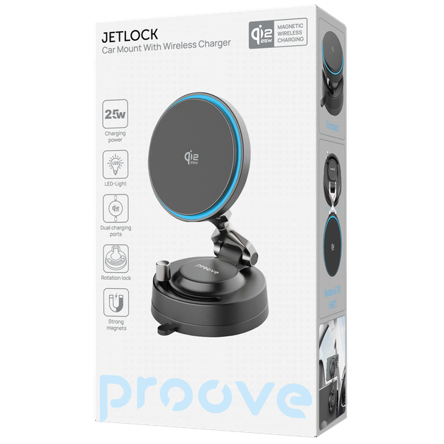 Автомобільний тримач з Бездротовим ЗП Proove JetLock Qi2.2 25W чорний - Фото 2 Автомобільний тримач з Бездротовим ЗП Proove JetLock Qi2.2 25W чорний - зображення 2