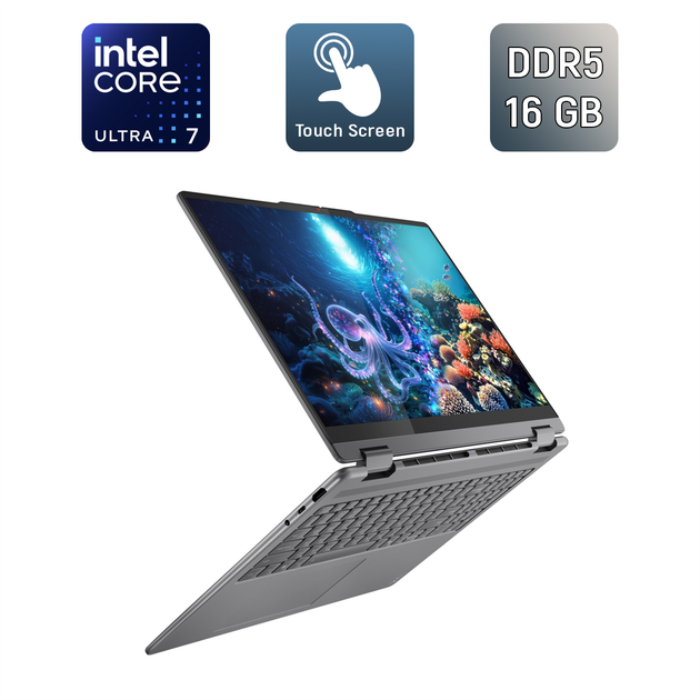 Ультрабук-трансформер Б-клас Lenovo Yoga 7 2in1 / 16" (1920x1200) IPS Touch / Intel Core Ultra 7 256V (8 ядер по 2.2 - 4.8 GHz) / 16 GB DDR5 / 1000 GB SSD / Intel Arc 140V GPU / WebCam / TouchID б/в - Фото 1 Ультрабук-трансформер Б-клас Lenovo Yoga 7 2in1 / 16" (1920x1200) IPS Touch / Intel Core Ultra 7 256V (8 ядер по 2.2 - 4.8 GHz) / 16 GB DDR5 / 1000 GB SSD / Intel Arc 140V GPU / WebCam / TouchID б/в - зображення 1