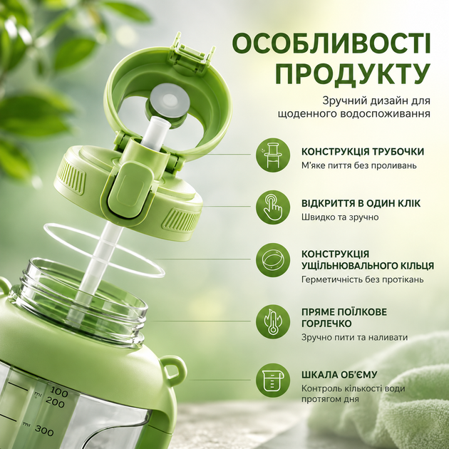 Спортивна пляшка для води Tritan 2200 мл з ручкою та ремінцем, Зелена (Тританова пляшка великої ємності) - зображення 2