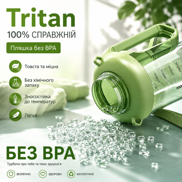 Спортивна пляшка для води Tritan 2200 мл з ручкою та ремінцем, Зелена (Тританова пляшка великої ємності) - зображення 3