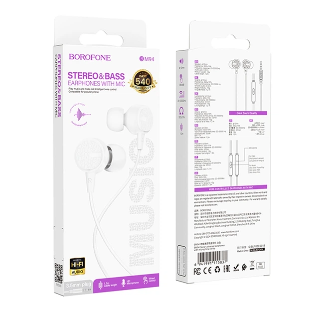 Проводные вакуумные наушники 3.5mm Borofone BM94 Stereo Bas с микрофоном,коннектор AUX 3.5мм , проводное управление, поддержка звонков 1.2м White - Фото 3 Проводные вакуумные наушники 3.5mm Borofone BM94 Stereo Bas с микрофоном,коннектор AUX 3.5мм , проводное управление, поддержка звонков 1.2м White - изображение 3