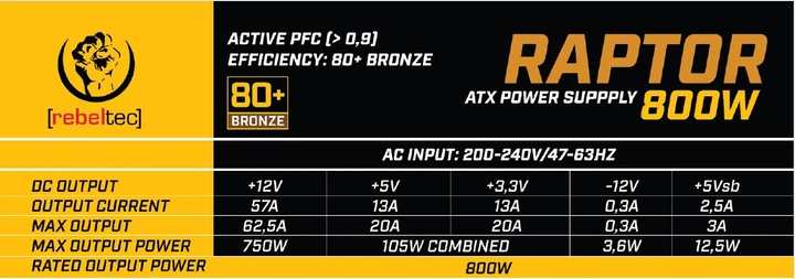 Блок живлення Rebeltec ATX RAPTOR 800W 80 Plus Bronze (RBLZAS00019) - зображення 6