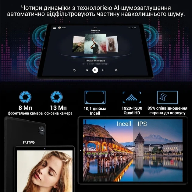 Планшет 10.1" Full HD FASTWD M820 12/128GB 4G 2-SIM 8 ядер Android 14 8000 mAh Black - зображення 2