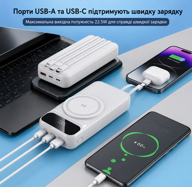 Магнітний бездротовий Power Bank 20000mAh MagSafe 22.5W - Фото 10 Магнітний бездротовий Power Bank 20000mAh MagSafe 22.5W - зображення 10