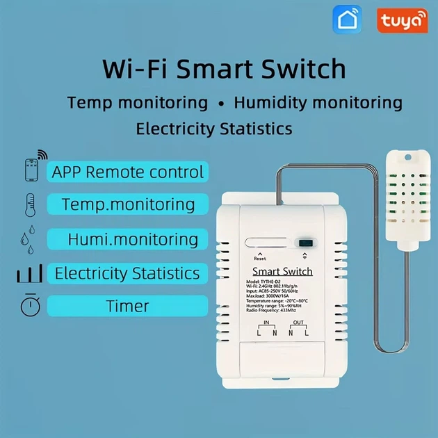 WiFi вимикач Tuya Smart Life на 220В 16А, з датчиком температури та вологості, інтелектуальне реле, моніторинг енергії - Фото 6 WiFi вимикач Tuya Smart Life на 220В 16А, з датчиком температури та вологості, інтелектуальне реле, моніторинг енергії - зображення 6
