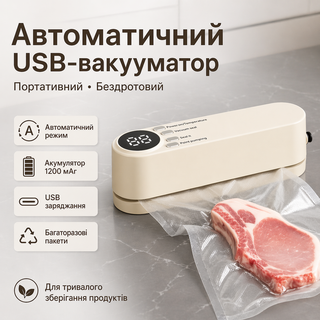 Автоматичний вакууматор USB з герметичними пакетами 1200 мА*ч, портативний Бежевий - изображение 2