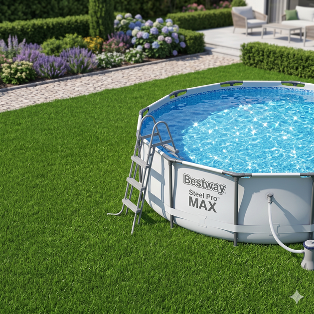 Каркасний басейн Bestway 56408 Steel Pro MAX 305x76 см з фільтр-насосом круглий сімейний басейн для дачі об'ємом 4678л для дорослих та дітей 3м для каркасні басейни дитячі металевий каркас 2025 року бествей - зображення 2