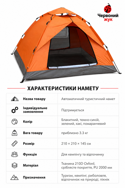 Автоматическая туристическая палатка 4-местная 210×210×145 см для кемпинга, рыбалки и пикника с москитной сеткой, вентиляцией и PU 2000 мм (хаки) - изображение 3