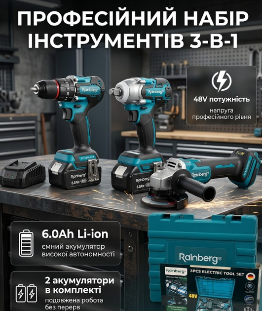 Аккумуляторный набор электроинструментов 3-в-1 48V: дрель-шуруповерт ударный + гайковерт + угловая шлифмашина, 2 АКБ 6Ah, кейс - Фото 1 Аккумуляторный набор электроинструментов 3-в-1 48V: дрель-шуруповерт ударный + гайковерт + угловая шлифмашина, 2 АКБ 6Ah, кейс - изображение 1