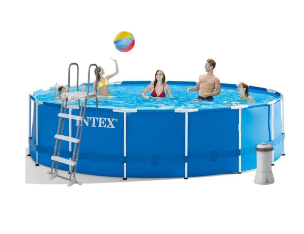 Круглий каркасний великий басейн для всієї родини повний комплект Intex з фільтром, драбиною, підстилкою і тентом 457 x 122 cм - зображення 4