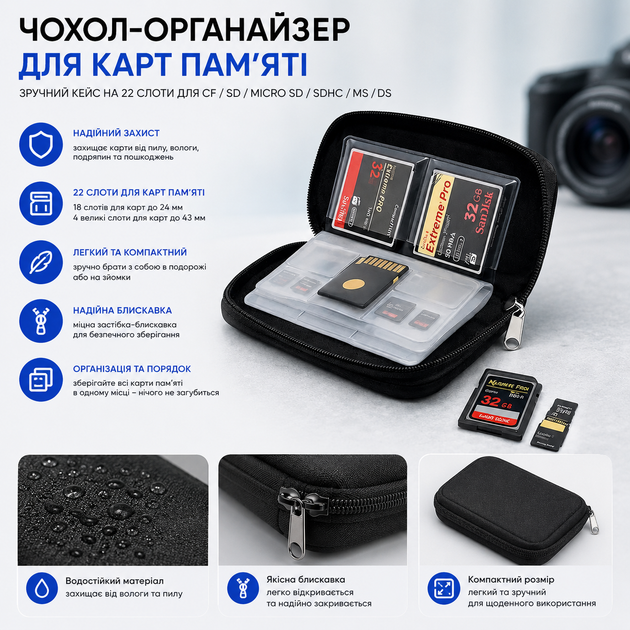 Чехол-органайзер для карт памяти на 22 слота для CF / SD / Micro SD / SDHC / MS / DS - Фото 2 Чехол-органайзер для карт памяти на 22 слота для CF / SD / Micro SD / SDHC / MS / DS - изображение 2