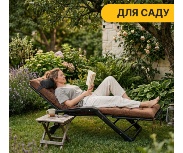 Садовий шезлонг тканинний з коричневим матрацом LEO Чорно-коричневий лежак розкладне крісло - изображение 11