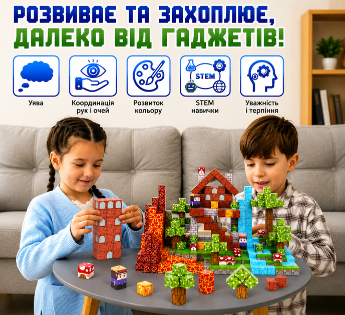 Магнітний конструктор Minecraft Будинок виживання з лавовим біомом 100 деталей для дітей від 3 років ПОРИНЬ У СВІТ МАЙНКРАФТУ - зображення 3