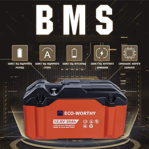 Акумулятор ECO-WORTHY LiFePO4 12V 20Ah 256Wh батарея для човнів кемпінгу та сонячних систем з вбудованою BMS ресурсом понад 4000 циклів - Фото 5 Акумулятор ECO-WORTHY LiFePO4 12V 20Ah 256Wh батарея для човнів кемпінгу та сонячних систем з вбудованою BMS ресурсом понад 4000 циклів - зображення 5