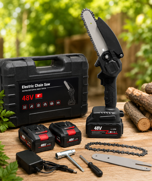 Аккумуляторная цепная мини пила Electric Chain Saw 48V 8" дюймов 20см с 2 аккумуляторами для обрезки веток деревьев в кейсе - изображение 2