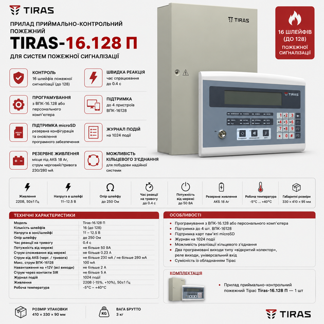 Прибор приемно-контрольный пожарный Tiras ППКП - 16.128 П 220V 30 ВА Серый - изображение 2