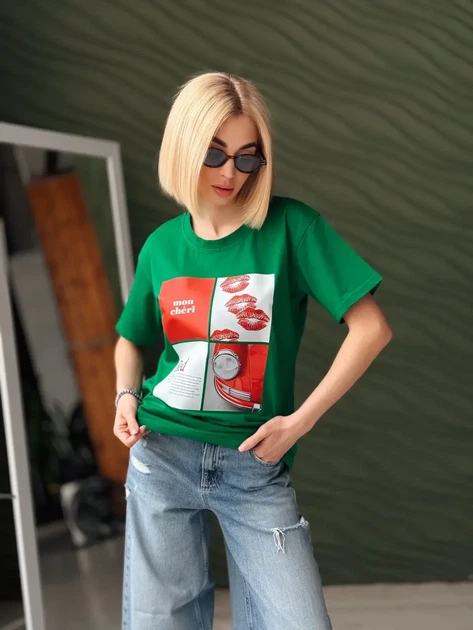 Футболка із яскравим принтом 42-44. Зелений - Фото 1 Футболка із яскравим принтом 42-44. Зелений - зображення 1