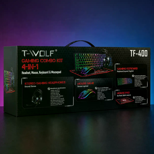 Игровой комплект T-Wolf TF-400, клавиатура, мышь, наушники, коврик, черный - изображение 4