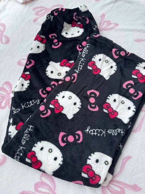 Штани піжамні плюшеві Hello Kitty чорного кольору, теплі домашні штани Хеллоу Кітті L - Фото 3 Штани піжамні плюшеві Hello Kitty чорного кольору, теплі домашні штани Хеллоу Кітті L - зображення 3