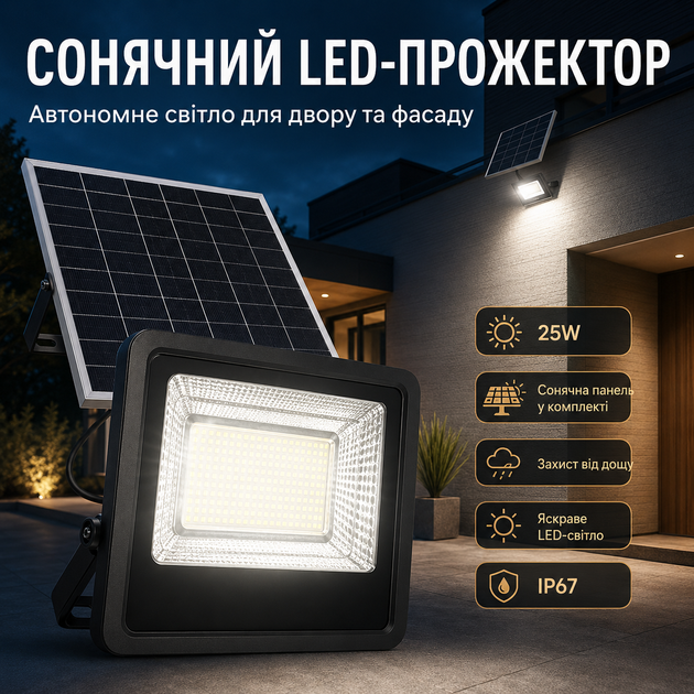Сонячний LED-прожектор 25W з пультом та панеллю мм IP67 для вулиці, двору, фасаду, гаража та тераси - Фото 1 Сонячний LED-прожектор 25W з пультом та панеллю мм IP67 для вулиці, двору, фасаду, гаража та тераси - зображення 1