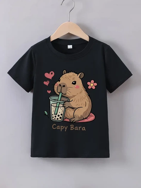 Стильна чорна дитяча футболка з Капібара, дитяча футболка з Capybara, розмір 120 - Фото 1 Стильна чорна дитяча футболка з Капібара, дитяча футболка з Capybara, розмір 120 - изображение 1