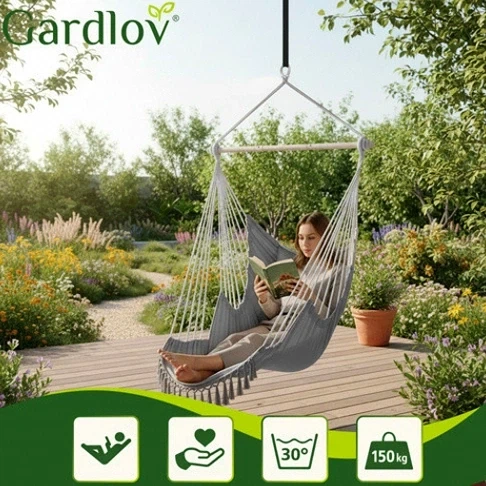 Гамак одвесное кресло 210 см серое хлопок 150 кг для сада и балкона Gardlov - изображение 4