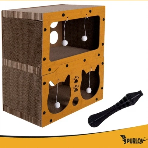Когтеточка для кошек двухэтажный домик Purlov 51,5x45x28 см из гофрированного картона с игрушками - Фото 7 Когтеточка для кошек двухэтажный домик Purlov 51,5x45x28 см из гофрированного картона с игрушками - изображение 7