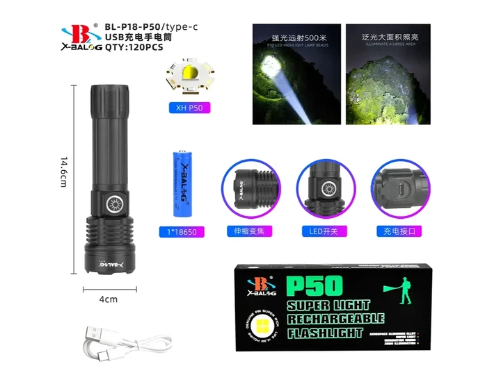 Фонарь полицейский Bailong BL-P18-P50 светодиодный анодированный алюминий USB зум аккумулятор 18650 - Фото 1 Фонарь полицейский Bailong BL-P18-P50 светодиодный анодированный алюминий USB зум аккумулятор 18650 - изображение 1