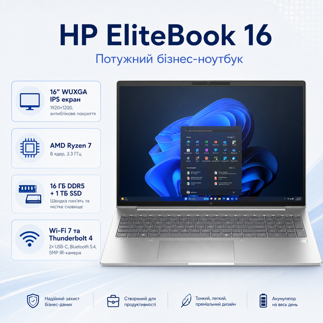 Ноутбук HP EliteBook 6 G1a 16" WUXGA IPS Ryzen 7-250 16Gb SSD 1Tb Radeon Graphics Silver (AZ8Z5AV_V16) - изображение 2