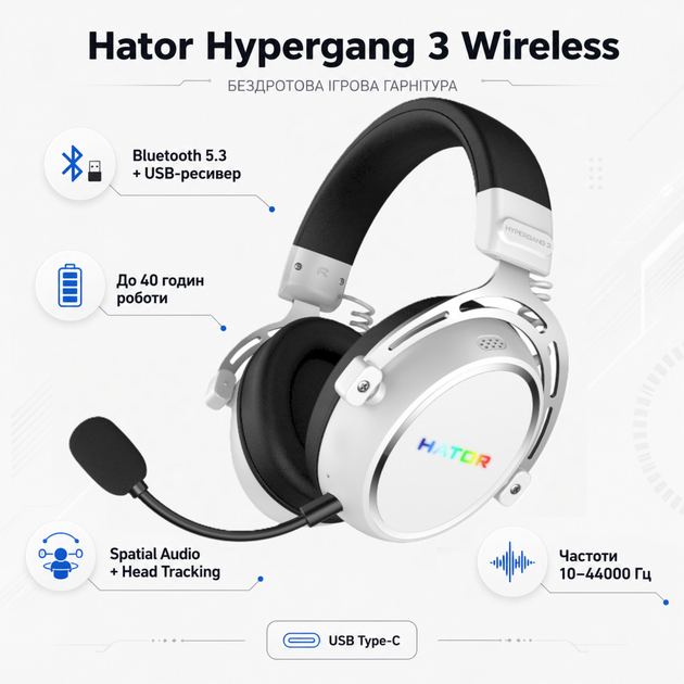 Навушники бездротові Hator Hypergang 3 Wireless Bluetooth 5.3 + USB-ресивер 40h White (ESH56) - зображення 2