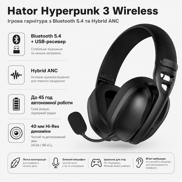 Навушники бездротові Hator Hyperpunk 3 Wireless Bluetooth 5.4 + USB-ресивер 45h Black (ESH15) - зображення 2