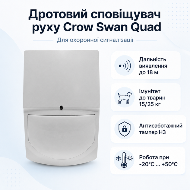Проводной извещатель движения Crow Swan Quad 90° до 18 м тампер НЗ Белый - изображение 2